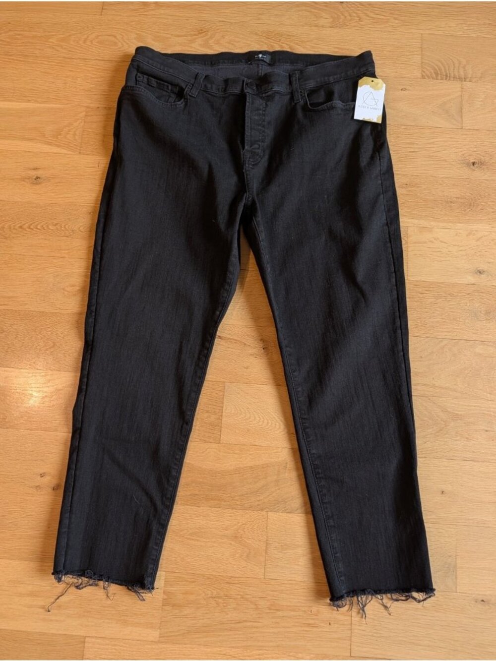7 For All Mankind Black Josefina Skinny Stretch Jeans W/ Frayed Hem, Size 32